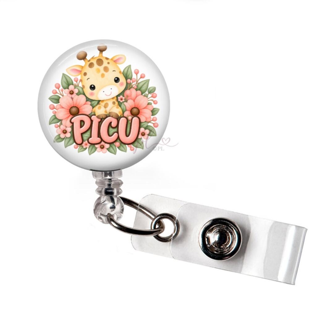 PICU Nurse Badge Reel Pediatric Intensive Care Cute Giraffe Floral ID Holder